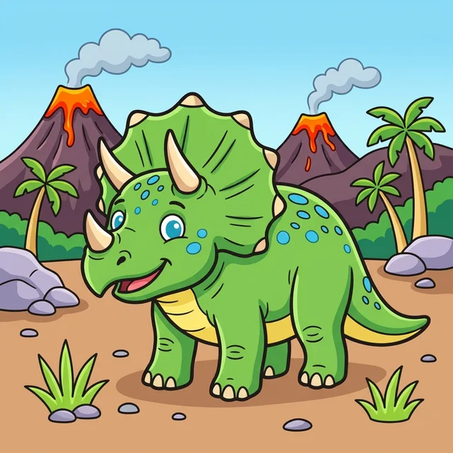 Cute triceratops with volcanoes in background coloring page for kids