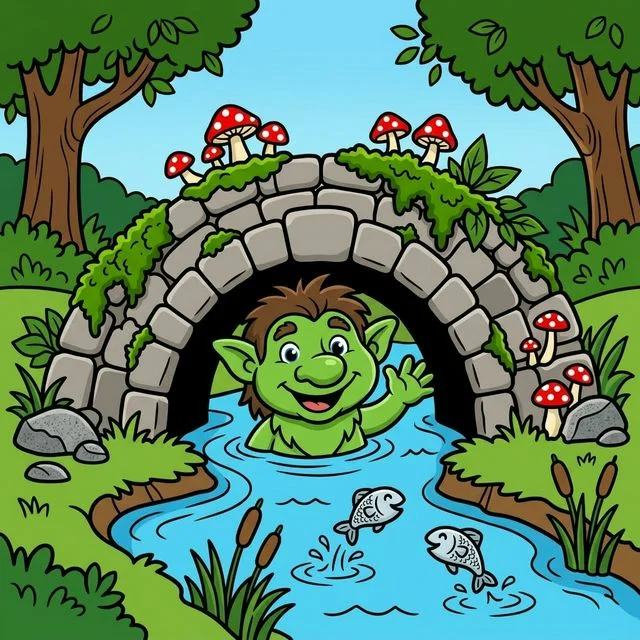 Troll peeking from under stone bridge coloring page for kids