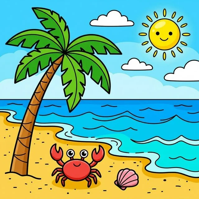 Beautiful tropical beach scene with a tall palm tree, ocean waves, and a cute friendly crab coloring page for kids