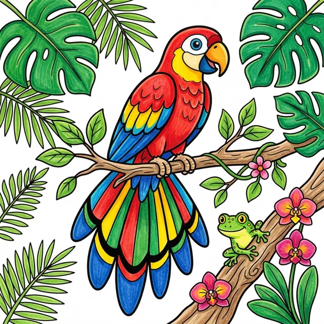 Tropical macaw parrot on rainforest branch coloring page