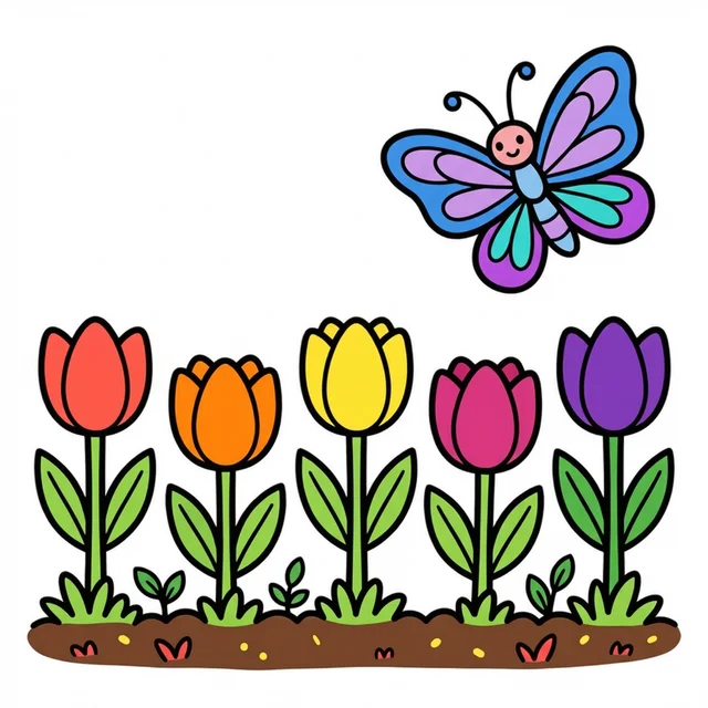 A row of tulips in a garden with a butterfly coloring page.