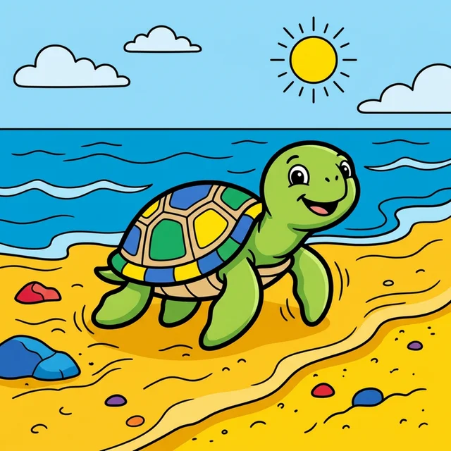 A sea turtle walking on a sandy beach coloring page.