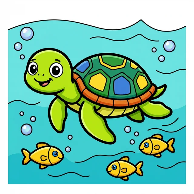 Sea turtle swimming with fish coloring page for kids