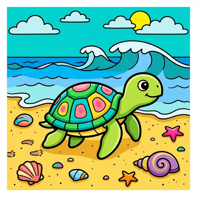 Baby sea turtle walking on beach towards ocean coloring page