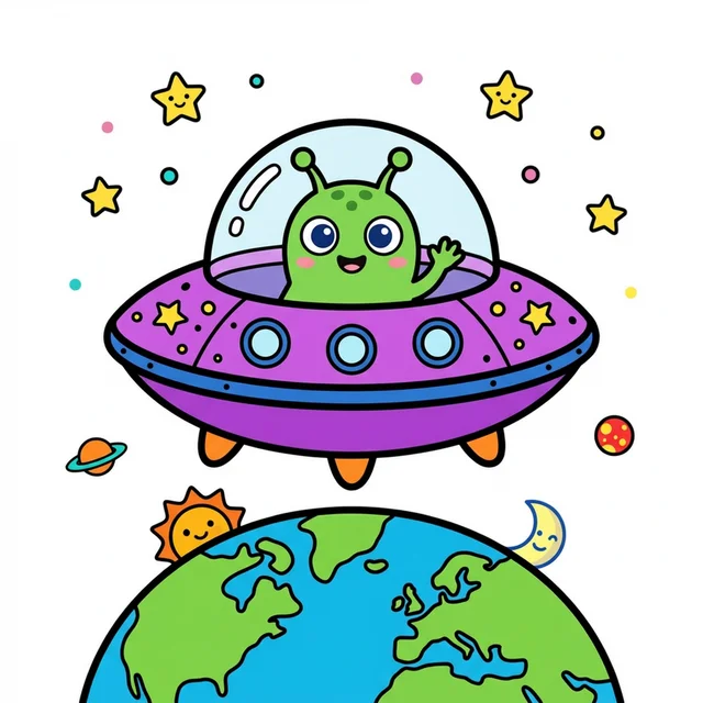 UFO flying over Earth coloring page for kids