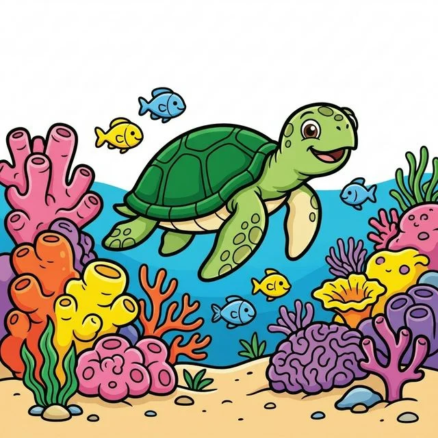 Beautiful underwater coral reef scene with chunky coral, a happy sea turtle, and tiny cute fish coloring page for kids