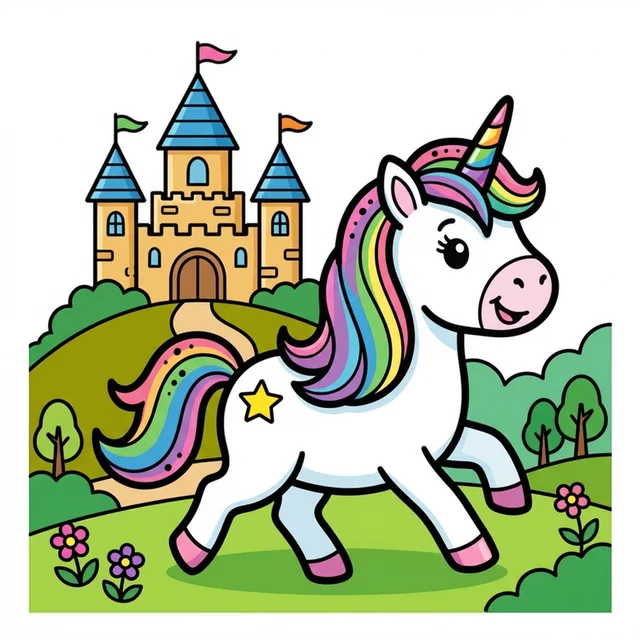 A unicorn galloping in front of a fairy tale castle coloring page.