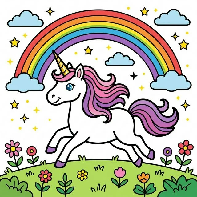 Magical unicorn galloping under rainbow coloring page for kids