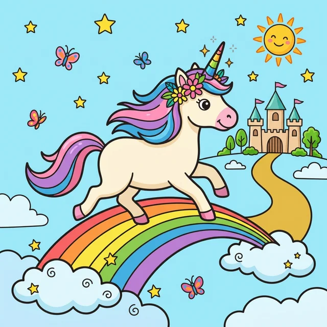 Magical unicorn running across rainbow bridge with castle in distance coloring page
