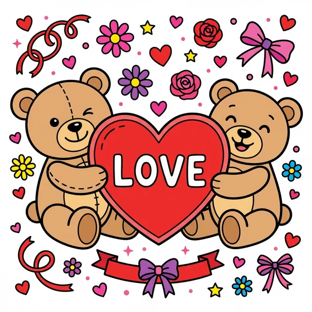 Two teddy bears holding a love heart Valentine's Day coloring page
