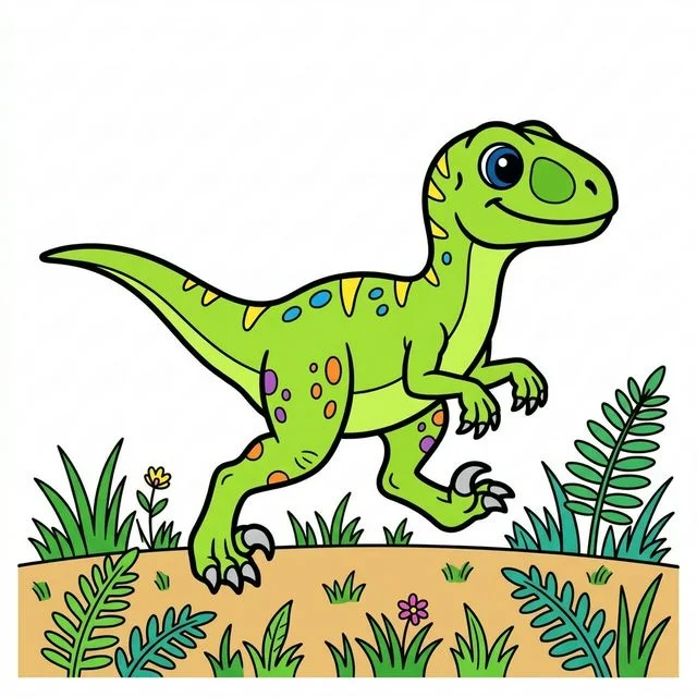 Velociraptor running with sharp claws in grassy field with ferns coloring page for kids — free printable