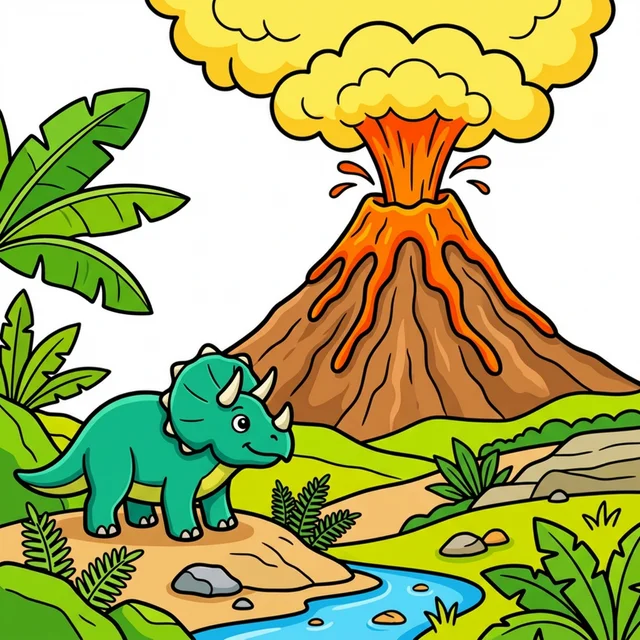 Volcano erupting with dinosaur coloring page