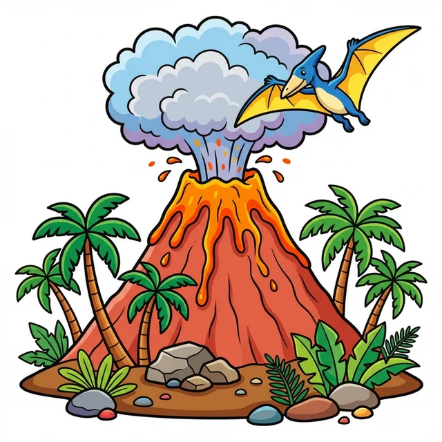 Erupting volcano with lava flowing on tropical island coloring page