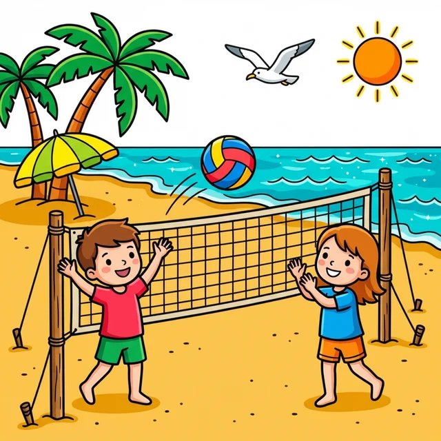 Kids playing volleyball on beach coloring page