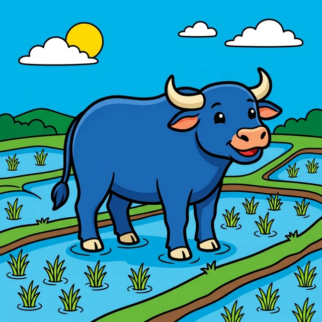 A water buffalo standing in a rice paddy field coloring page.