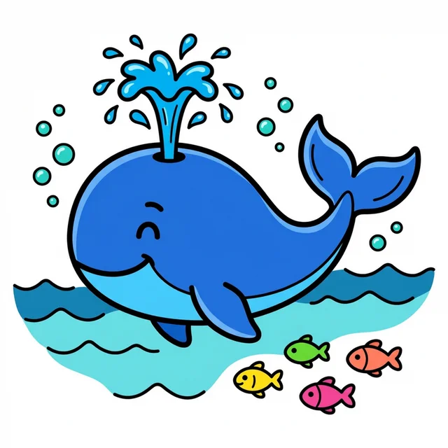 A whale spouting water in the ocean with fish coloring page.