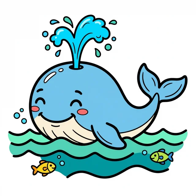 Happy whale spouting water coloring page for kids