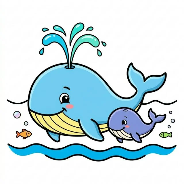 Whale spouting water with baby whale in ocean coloring page for kids — free printable