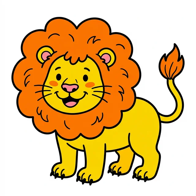 A black and white line drawing of a happy cartoon lion with a big mane, waiting to be colored.