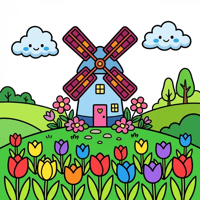 A windmill in a countryside with tulips coloring page.