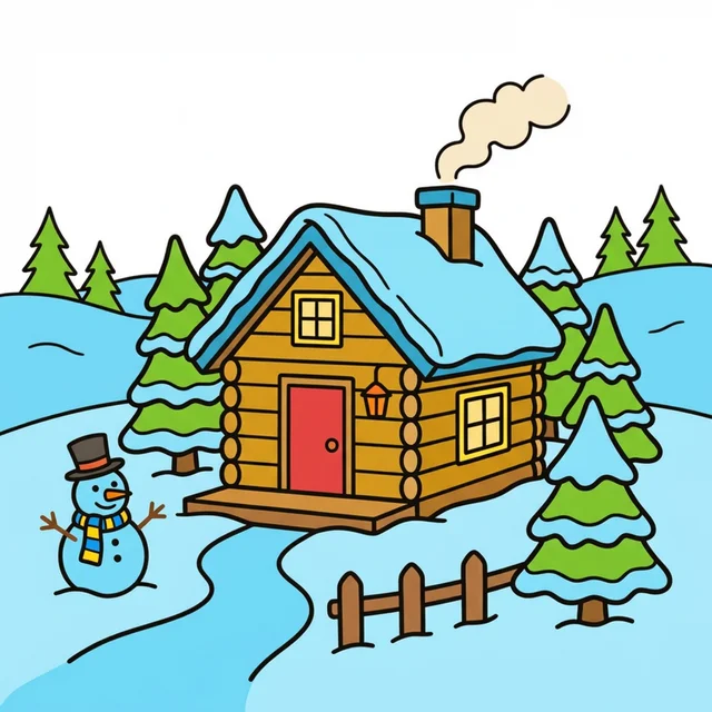 A cozy log cabin in a snowy forest coloring page.