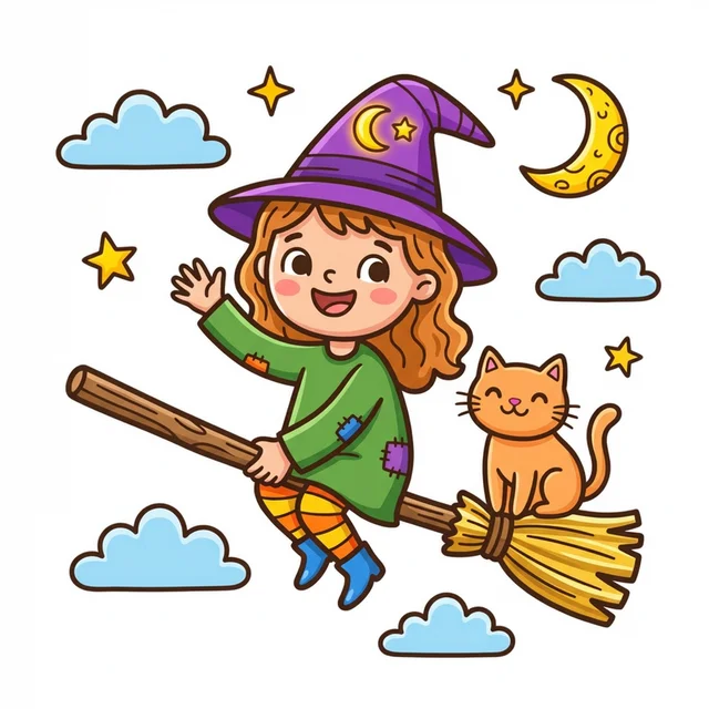A friendly witch on a broomstick with a cat coloring page.