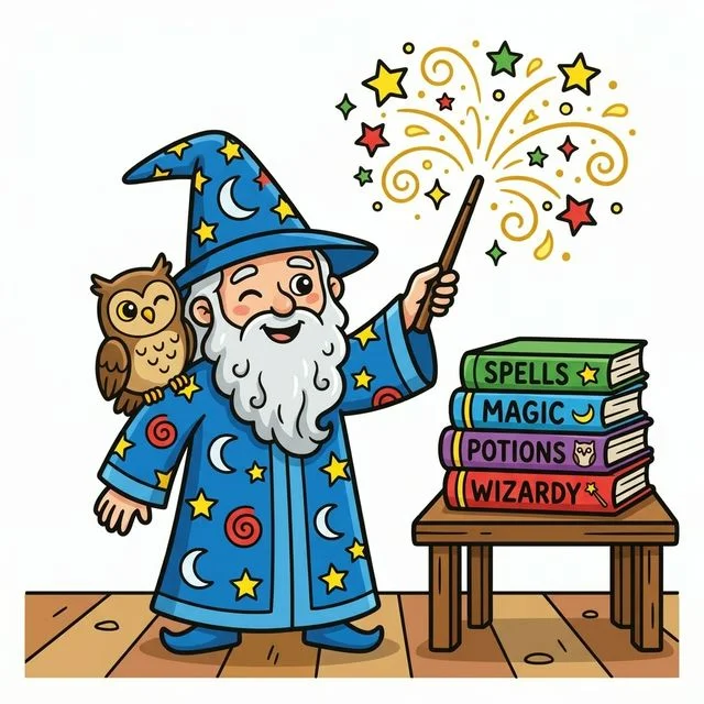 Wizard casting spell with magic wand coloring page for kids
