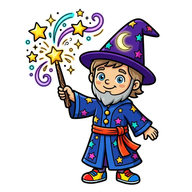 Cute wizard casting magic spells coloring page for kids