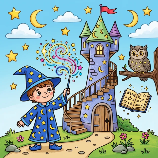 Kid wizard casting sparkly spell with wand at tower coloring page