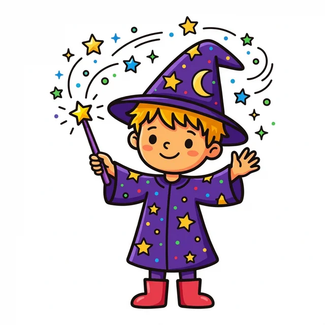 A wizard kid waving a magic wand with sparkles coloring page.