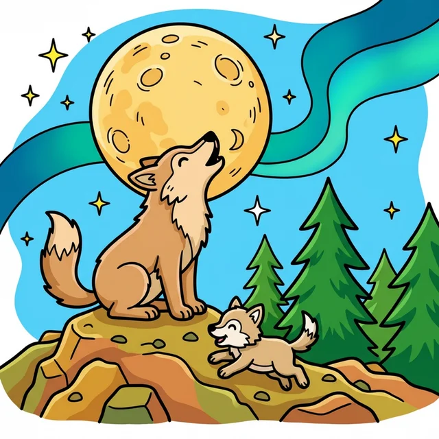 Cute wolf howling at full moon on hilltop with wolf cub coloring page