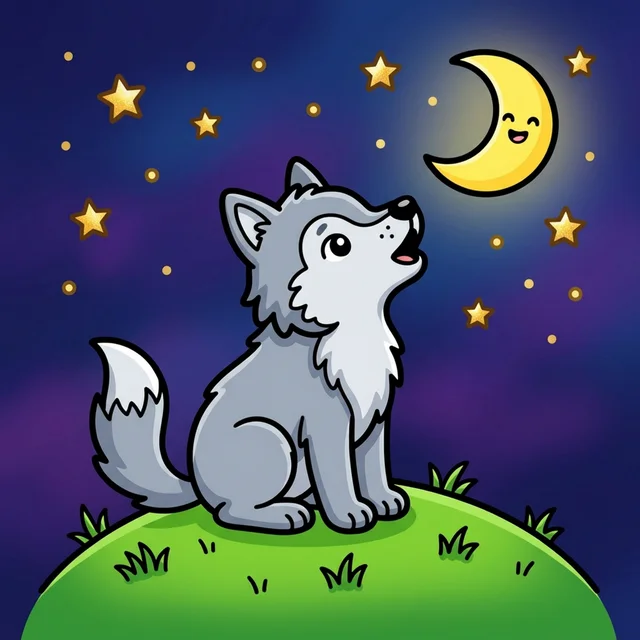 Cute wolf howling at crescent moon coloring page for kids