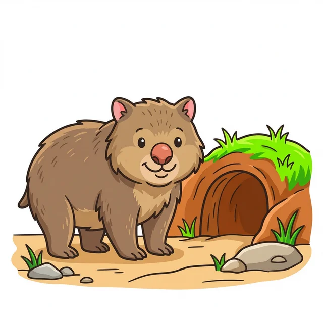 A cute wombat standing near its burrow coloring page.