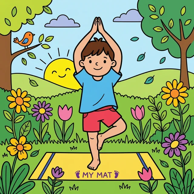 Kid doing yoga tree pose in garden coloring page