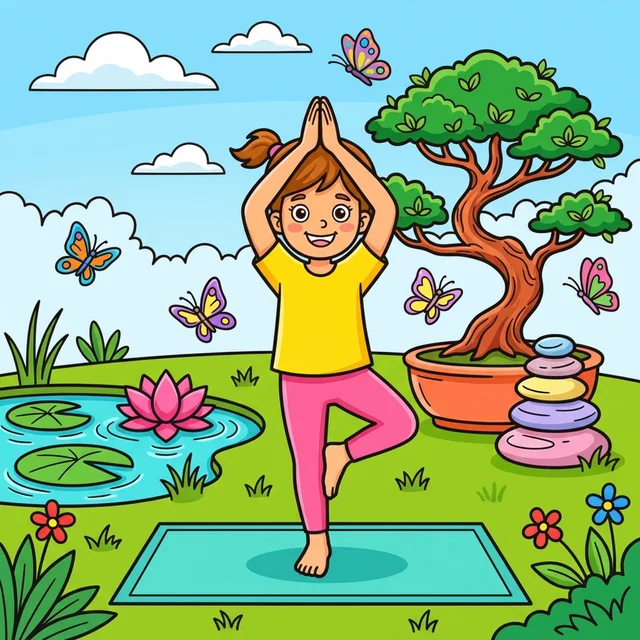 Kid doing yoga tree pose in peaceful garden with lotus flowers coloring page