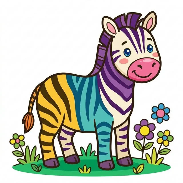 Zebra with bold black and white stripes in grassland coloring page for kids — free printable