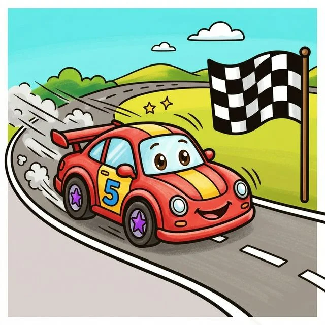 Zooming race car on race track with checkered flag coloring page for kids — free printable