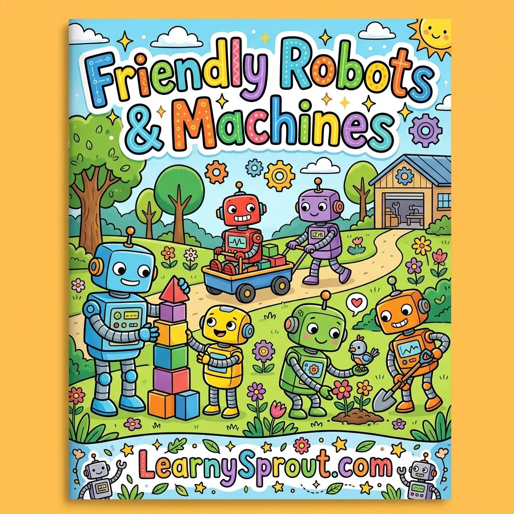Friendly Robots & Machines Coloring Book Cover - Free Printable