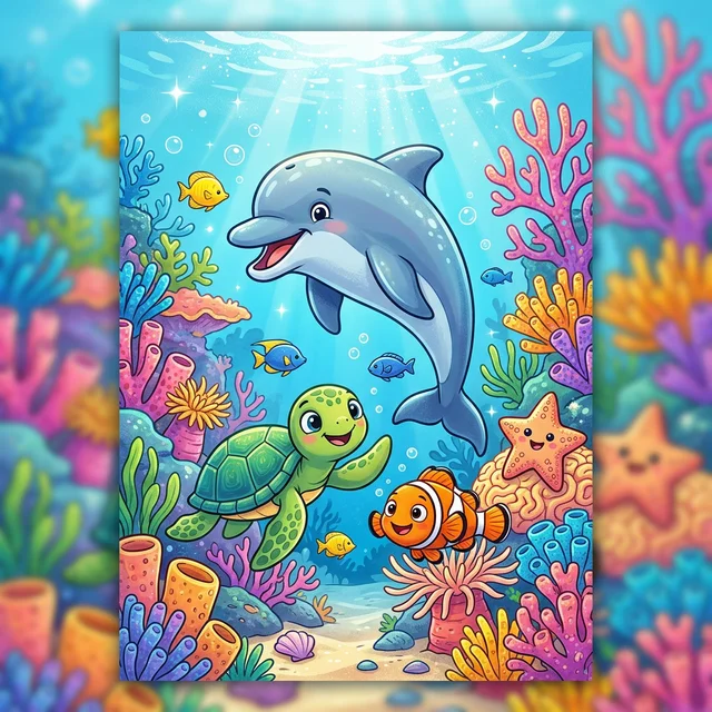 Ocean Adventures Coloring Book Cover — Colorful underwater scene with dolphin, turtle, and fish