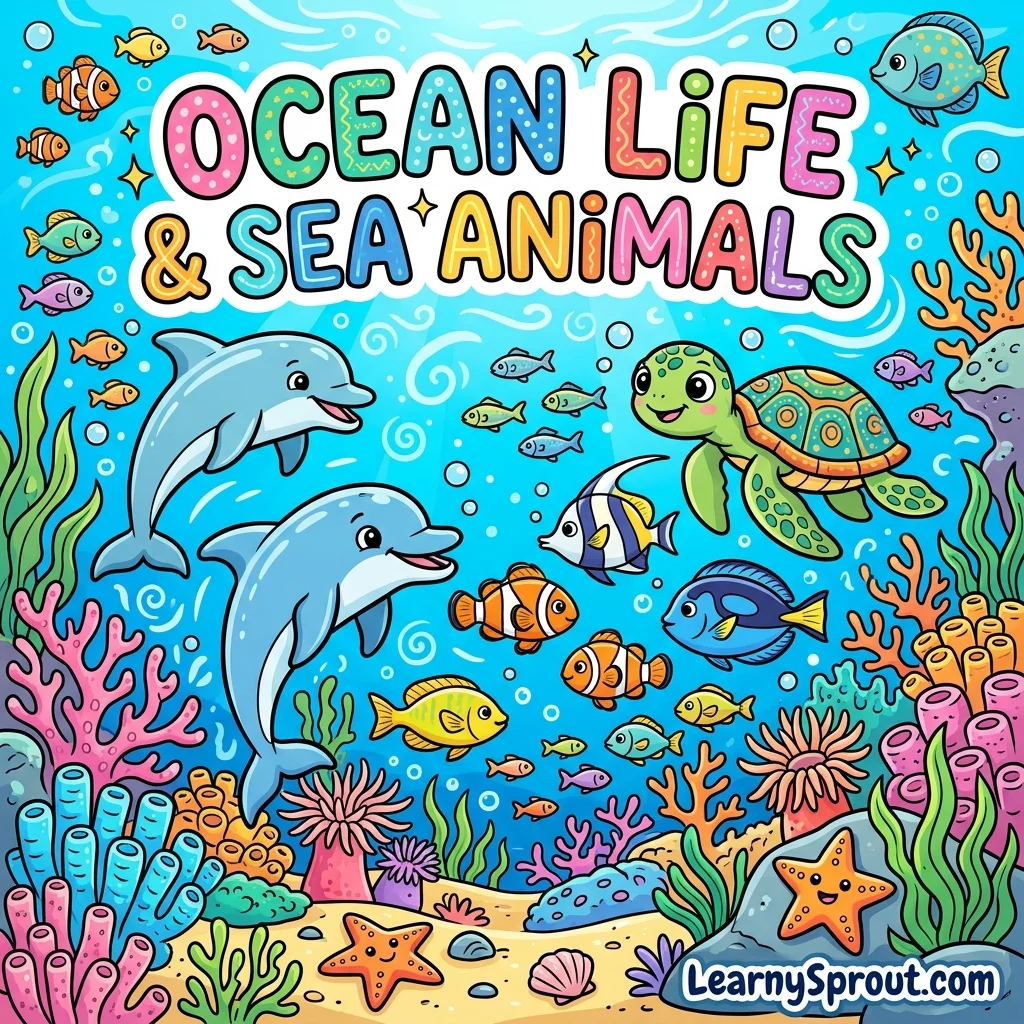 Ocean Life & Sea Animals Coloring Book Cover - Free Printable