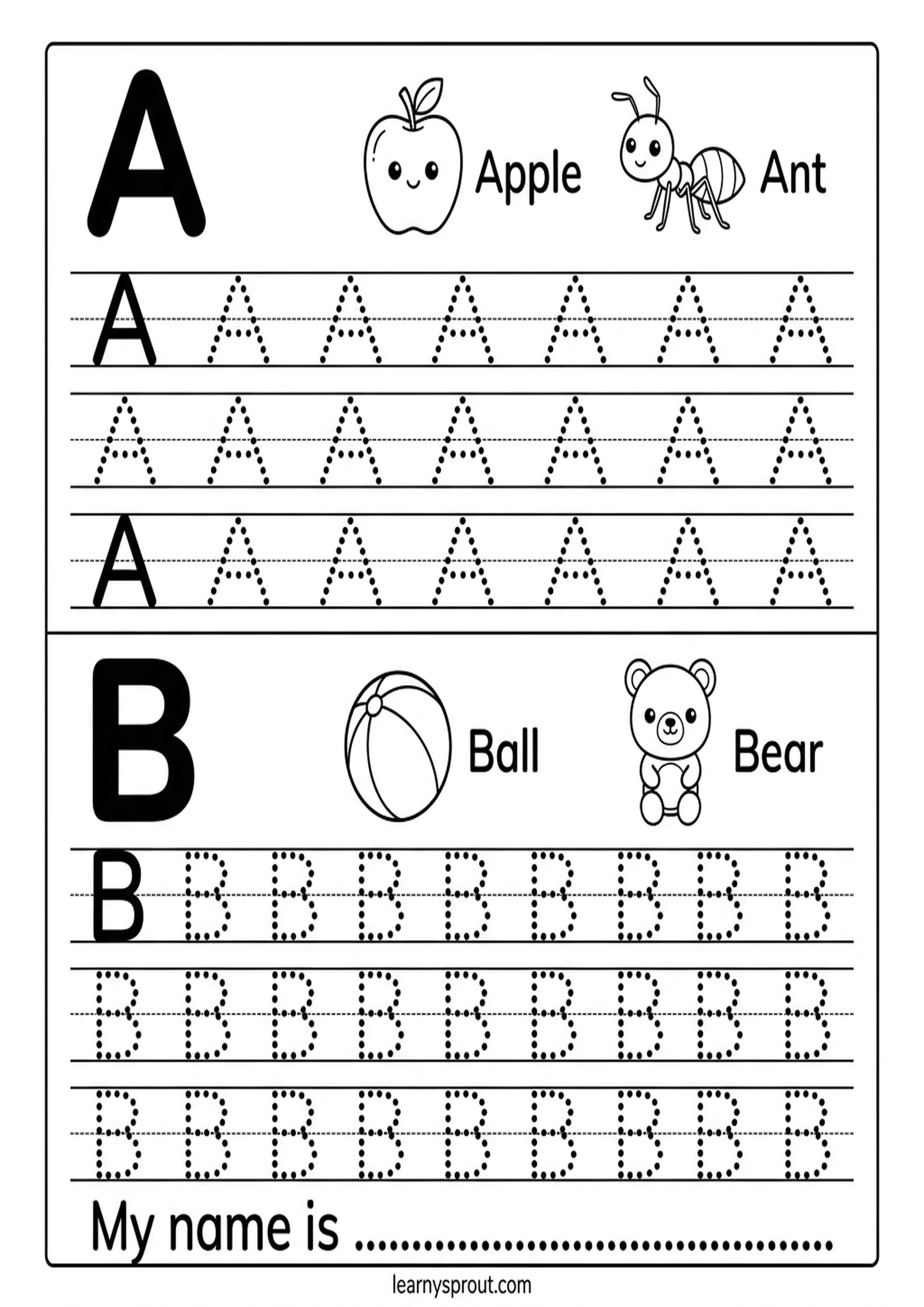 Letters A and B tracing worksheet