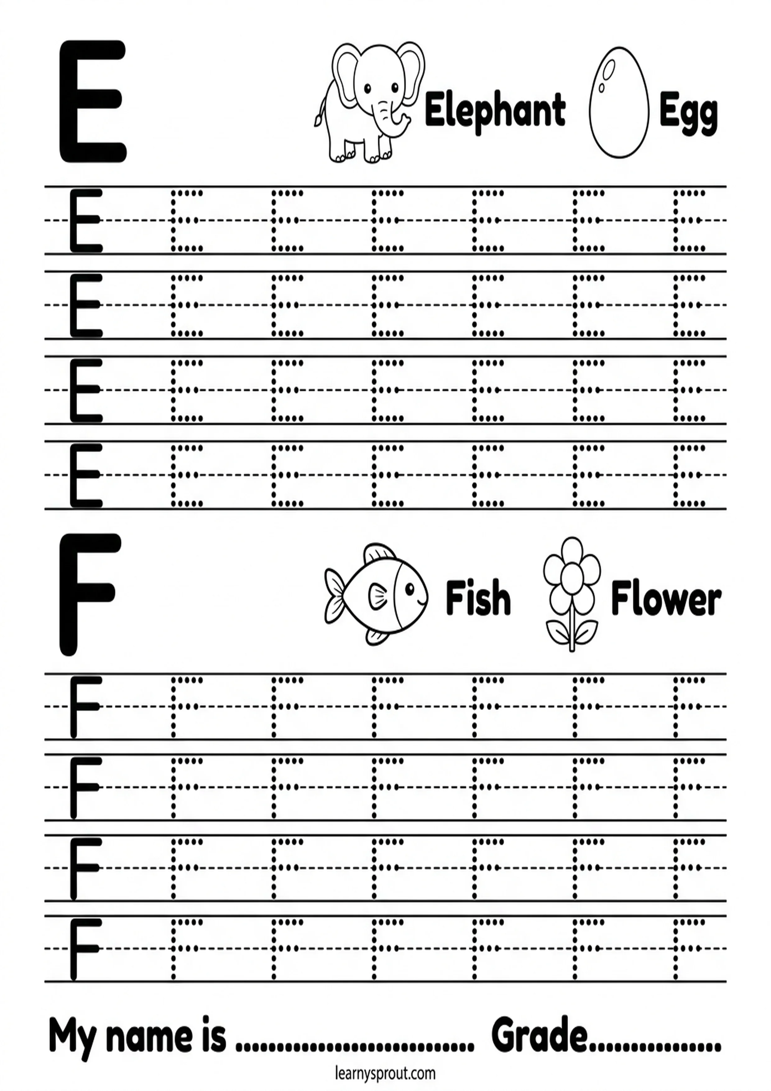 Letters E and F tracing worksheet
