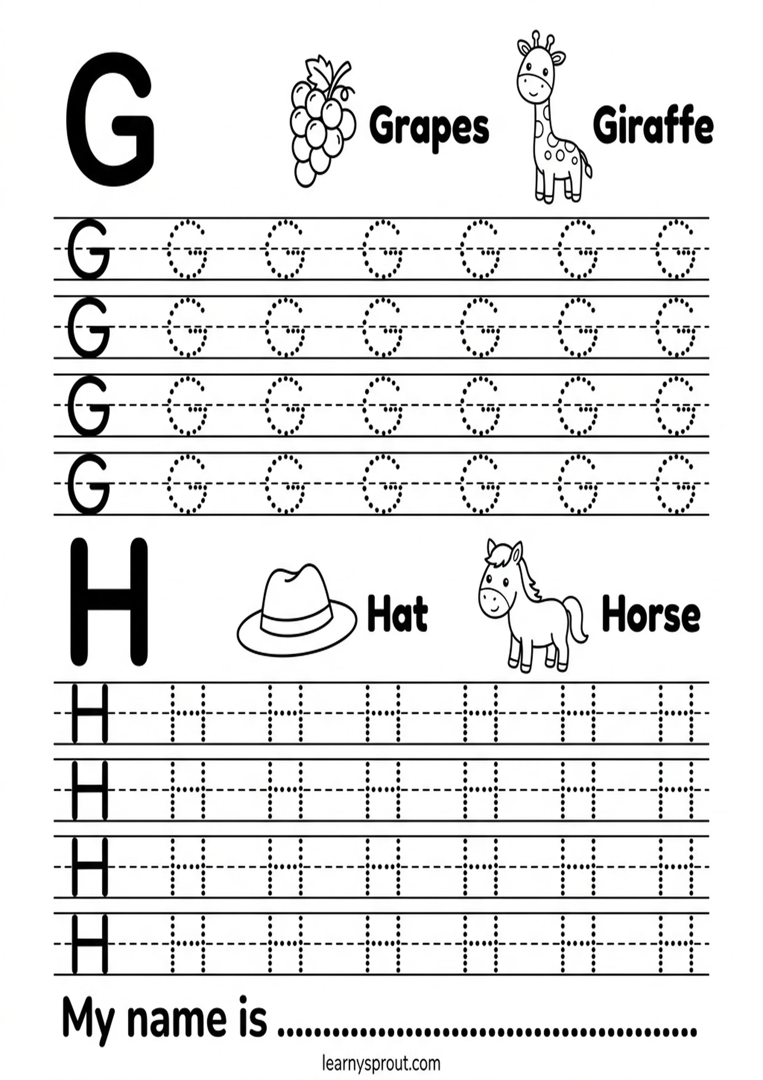 Letters G and H tracing worksheet