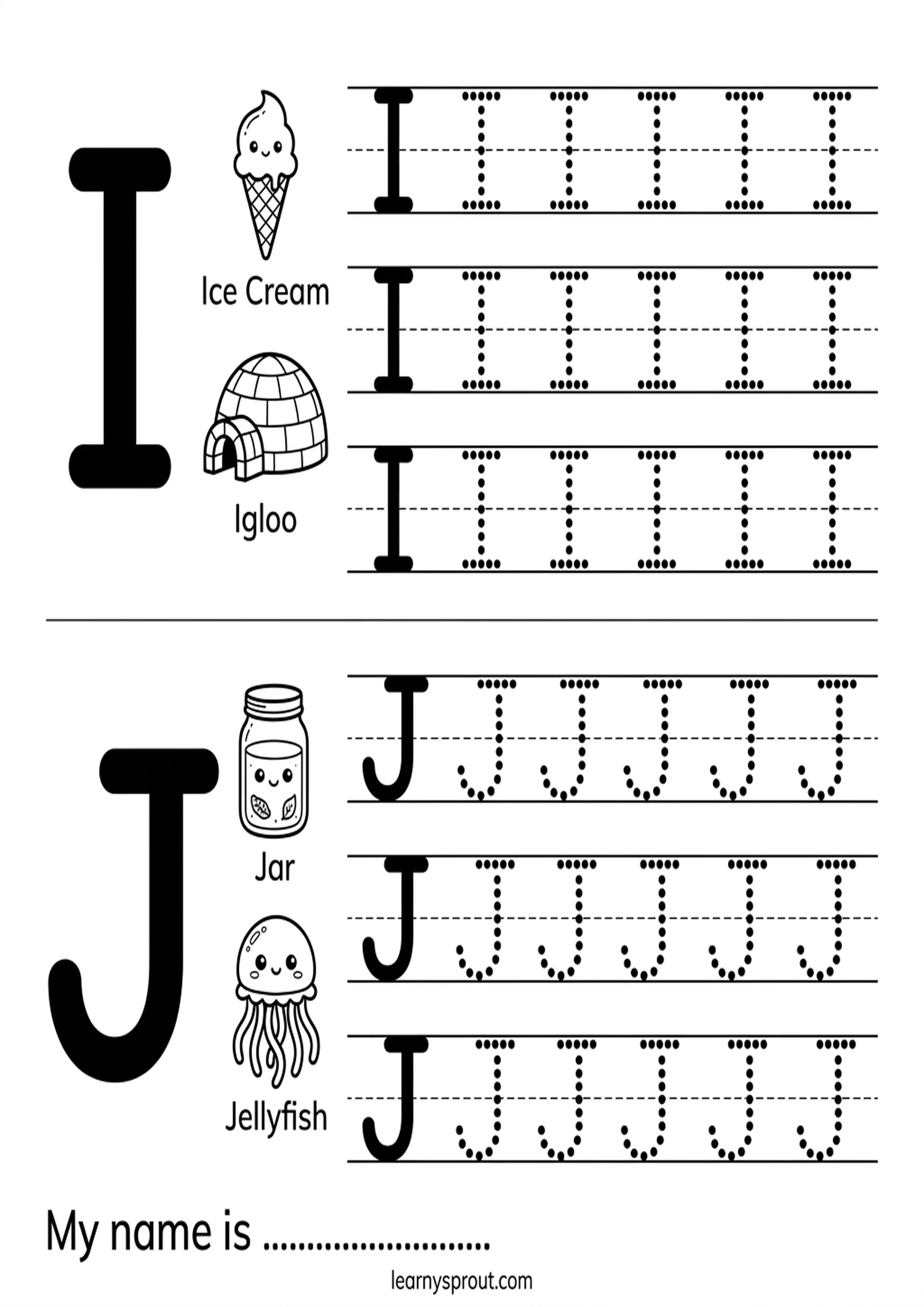 Letters I and J tracing worksheet