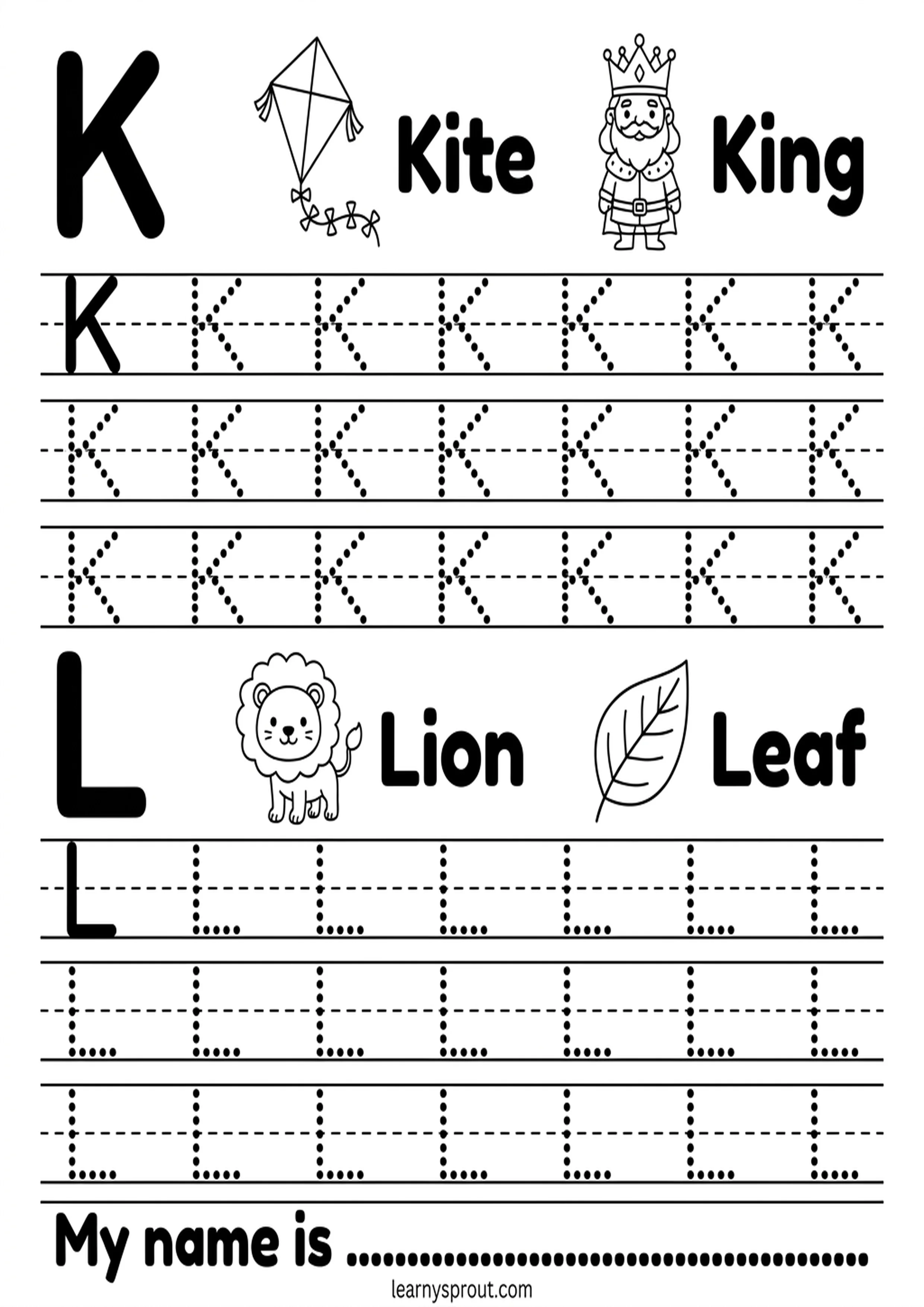 Letters K and L tracing worksheet