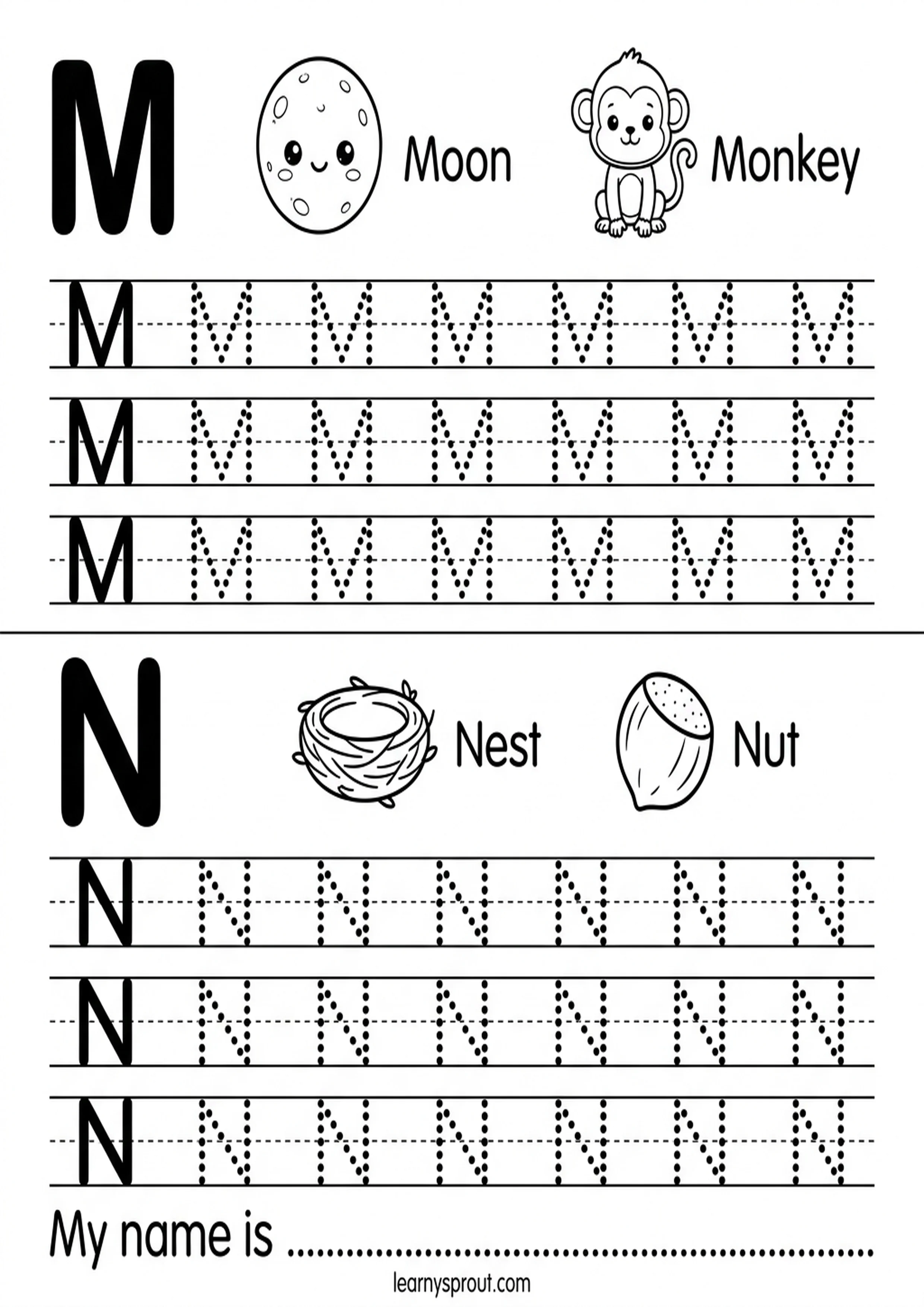 Letters M and N tracing worksheet