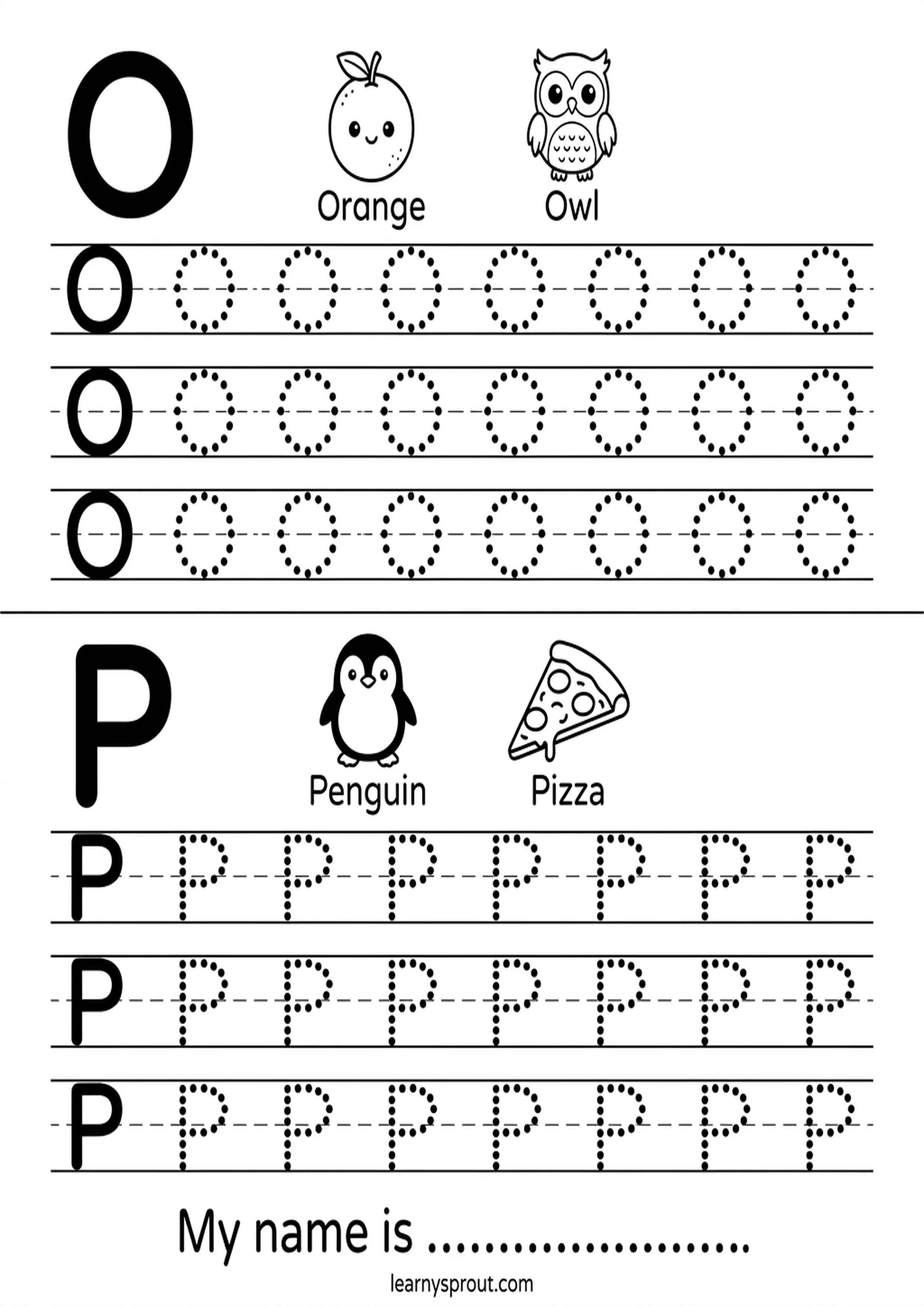 Letters O and P tracing worksheet