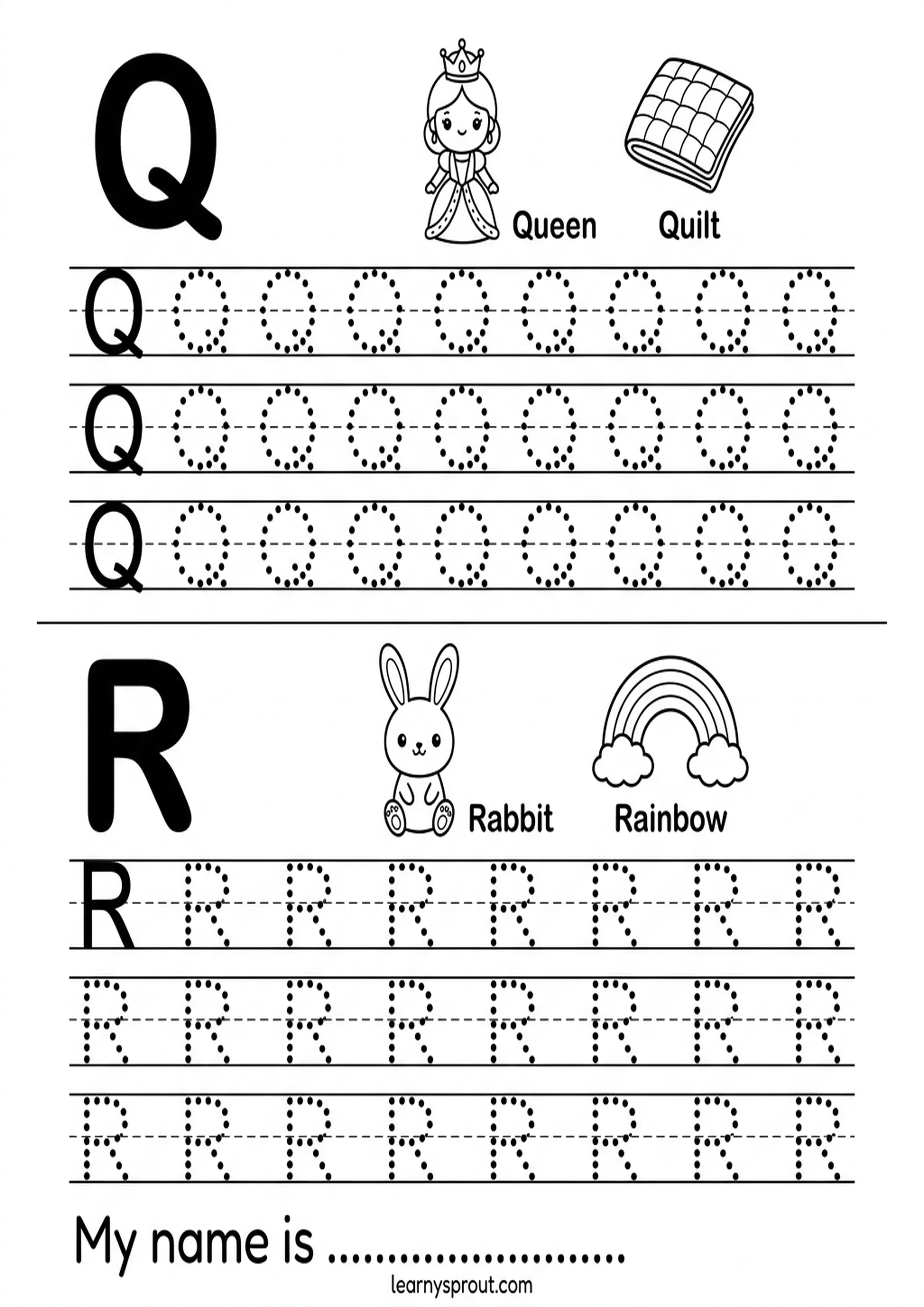 Letters Q and R tracing worksheet