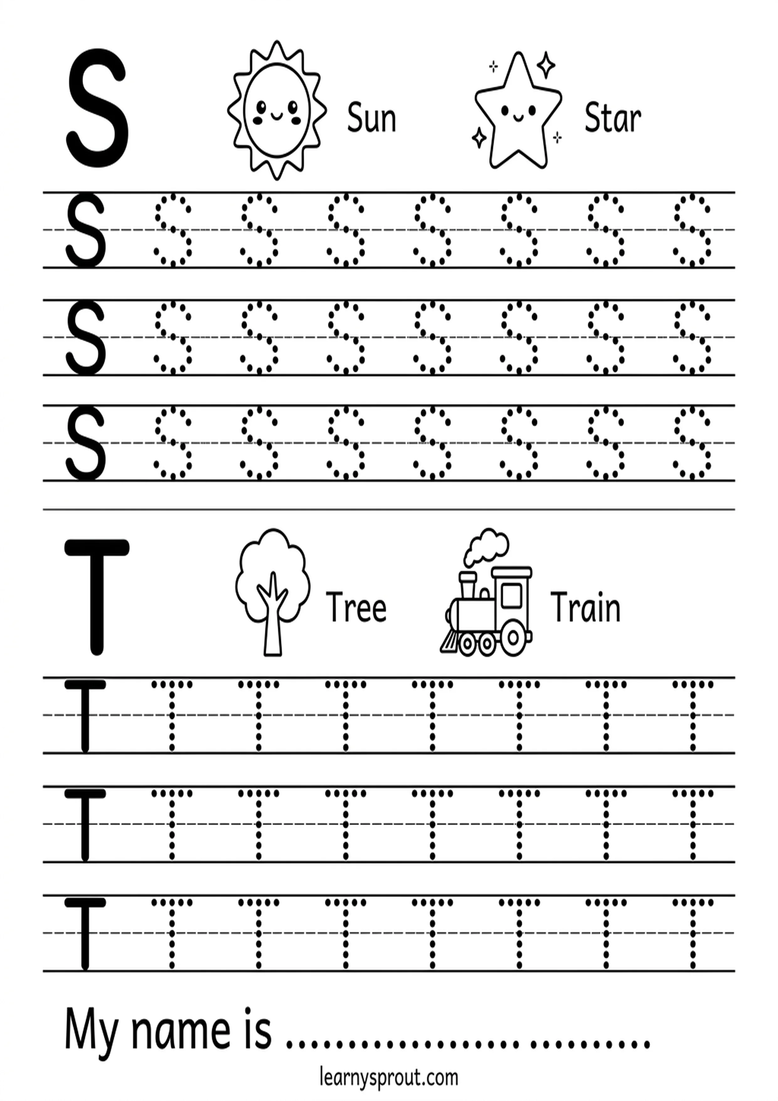 Letters S and T tracing worksheet