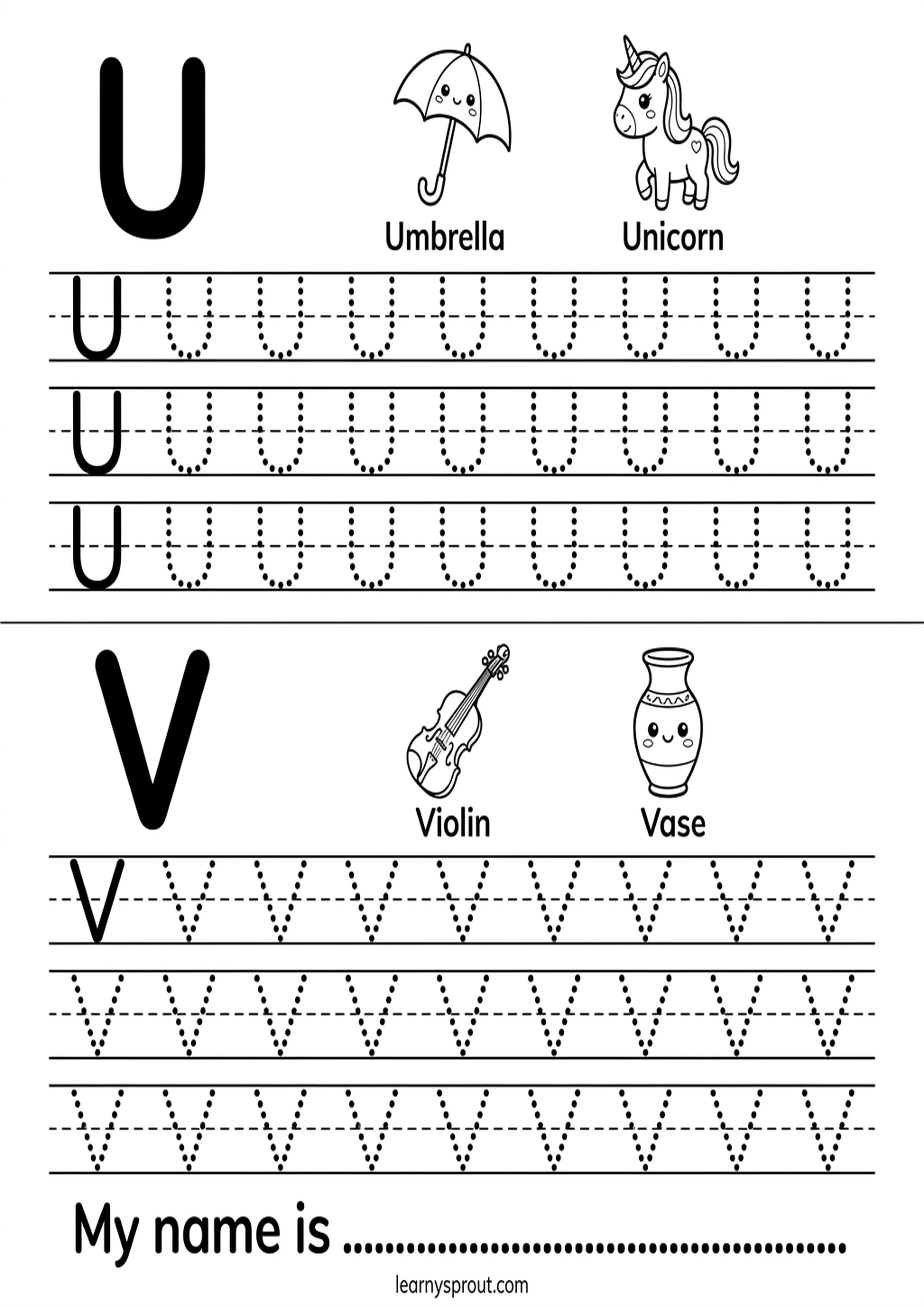 Letters U and V tracing worksheet